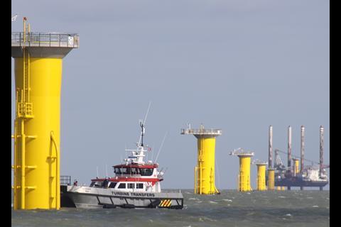 One of the many wind farm support vessels and jack-ups working on site at London Array. Photo: Peter Barker